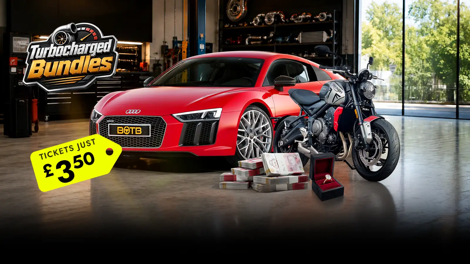   The £3.50 Bundle: Audi R8 V10 + Triumph Trident + Diamond Ring + £23k Cash