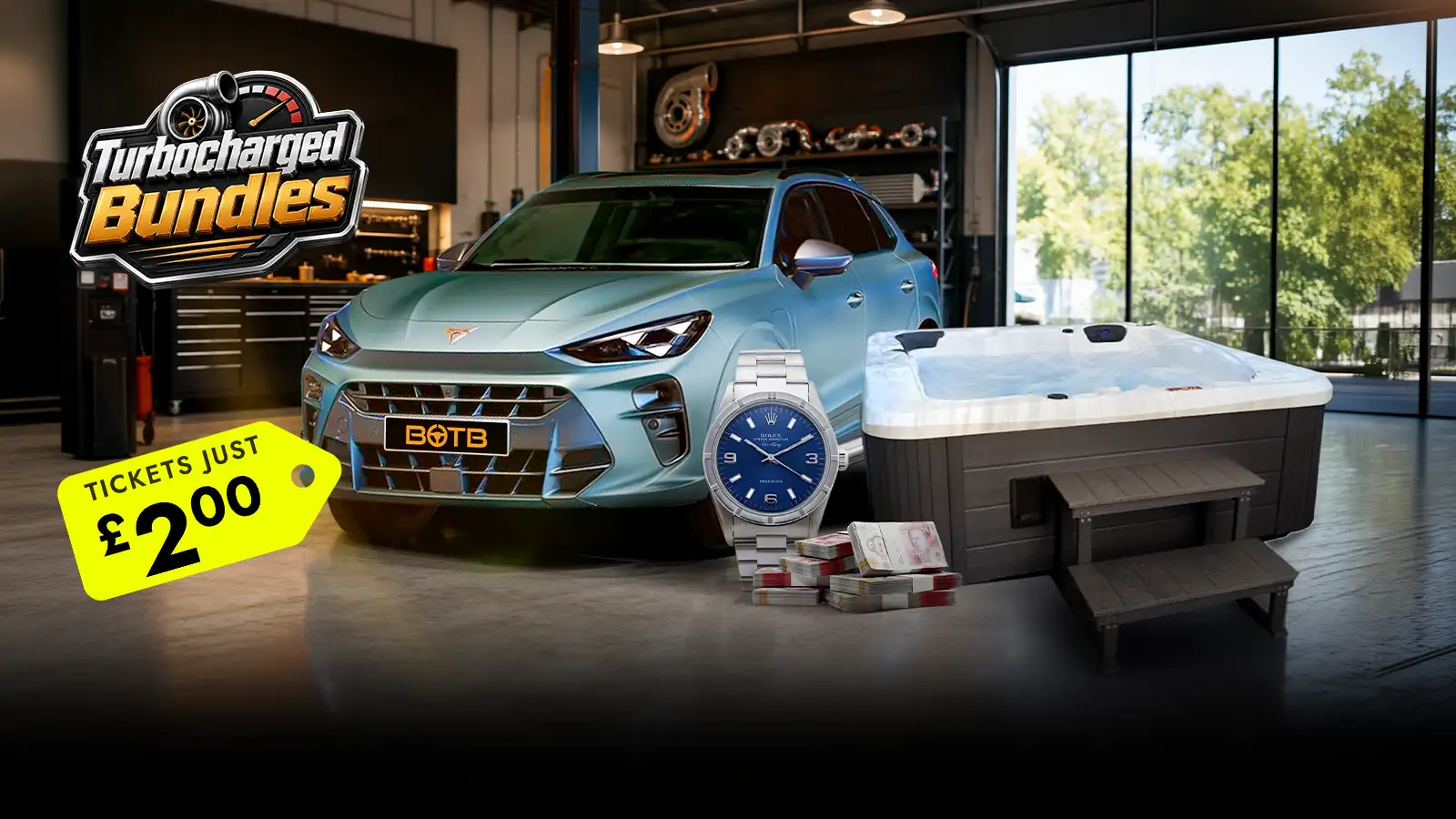   The £2 Bundle: Cupra Terramar VZ1 + Horizon Hot Tub + Rolex Air King + £15k Cash