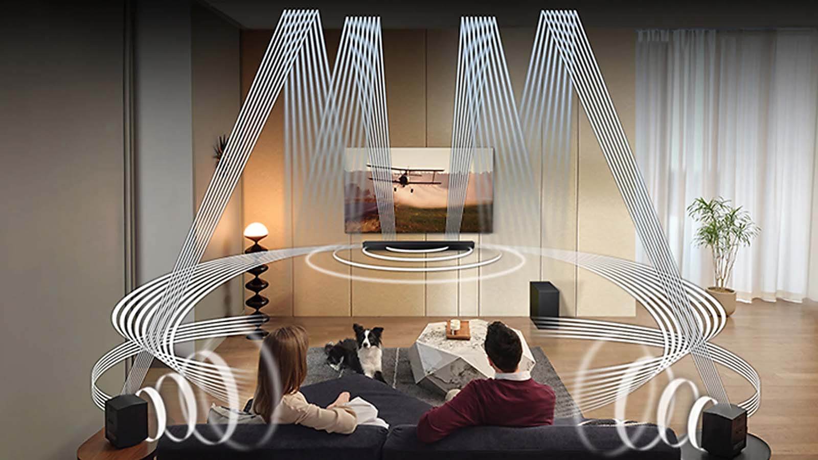 samsung tv showing sound in living room  Samsung TV: TV & Soundbar + £10,000