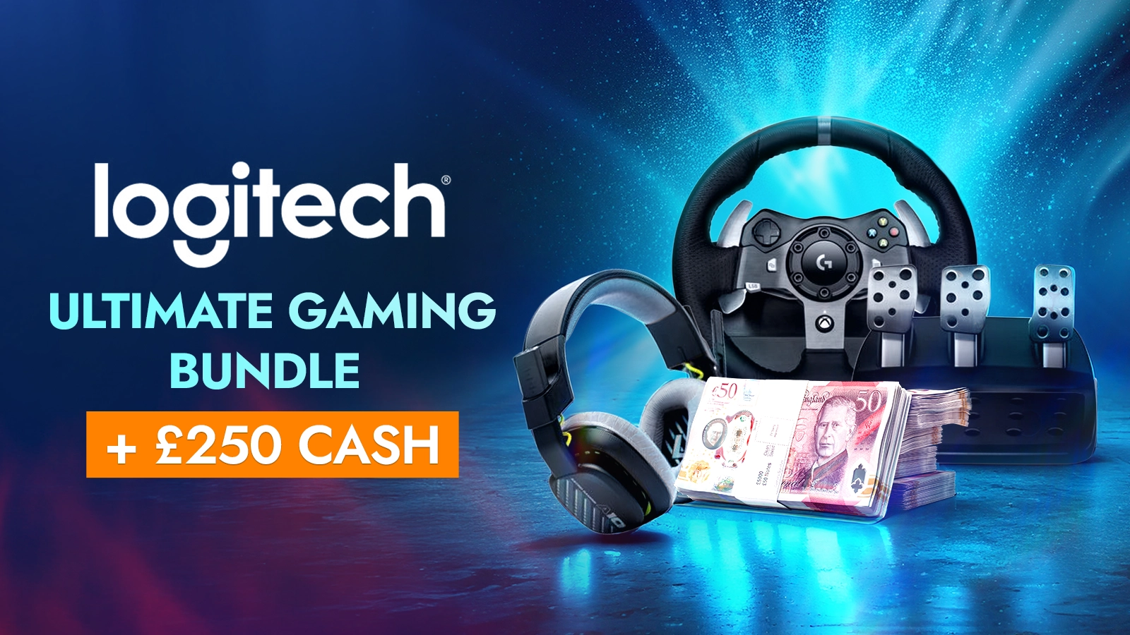   Win A LOGITECH Racing Wheel with Pedals Gaming Headset Bundle + £250