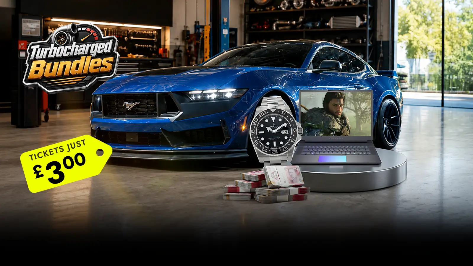   The £3 Bundle: Ford Mustang Dark Horse + Alienware PC + Rolex GMT Master II + £20k Cash
